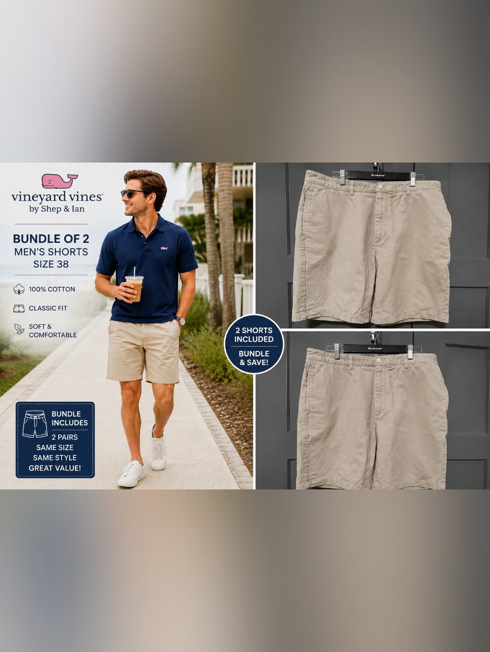 Bundle of 2 Vineyard Vines Khaki Shorts Men's Size 38 100% Cotton